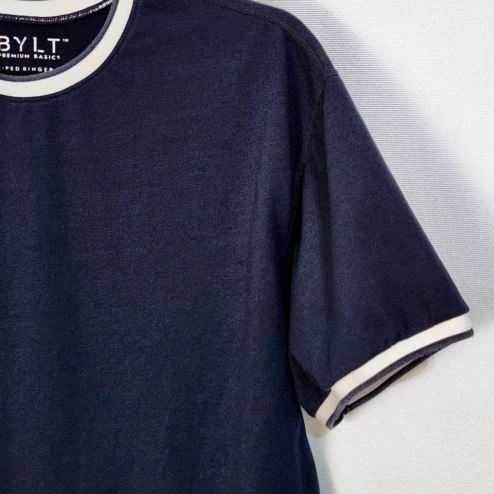 BYLT Premium Basics Drop Cut Striped Ringer Tee Shirt Mens XL Navy Blue White - Picture 3 of 7